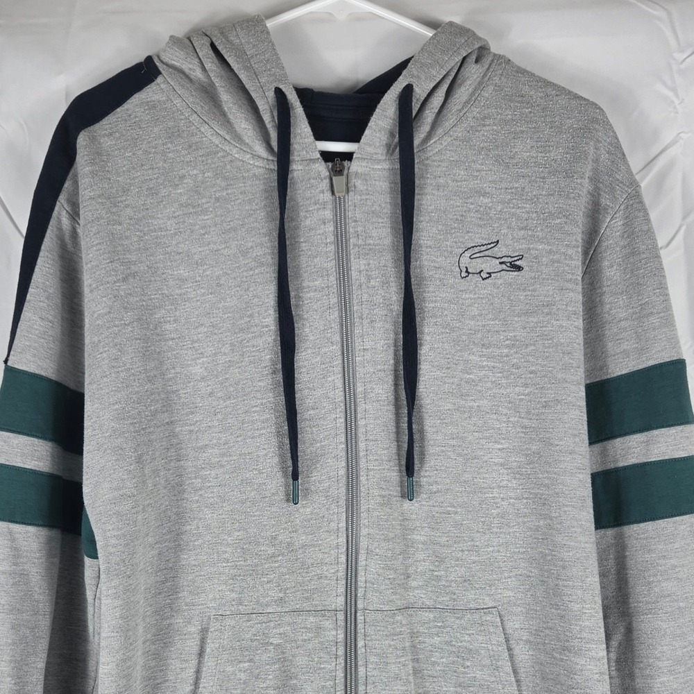 Lacoste Mens Sleepwear Full Zip Hoodie Gray Green Navy Stripe Logo Size L